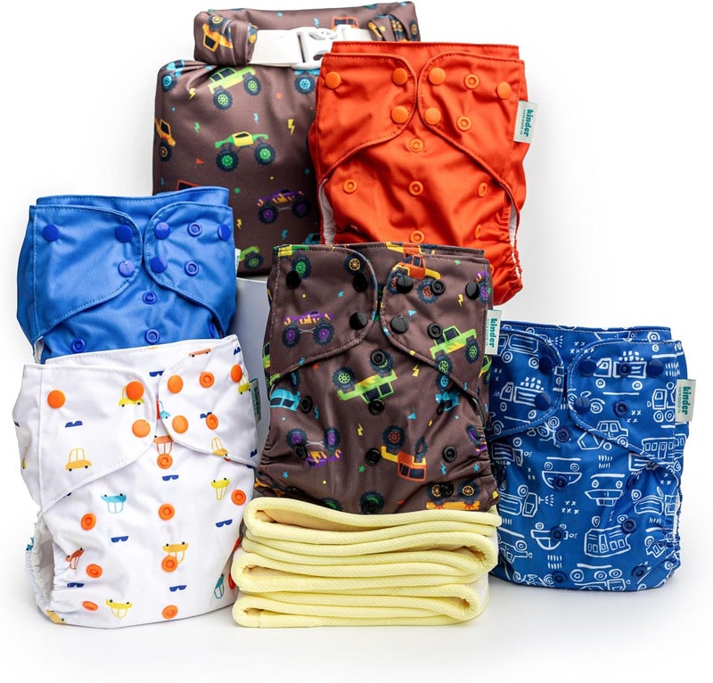 Kinder Cloth Diapers Set of 5 Reusable Baby Diapers Pocket Style Athletic Wicking Jersey, Bamboo Viscose Inserts, Wet Bag, Newborn to Potty Training 7-60lbs, One Size (Let's Go) - Image 1